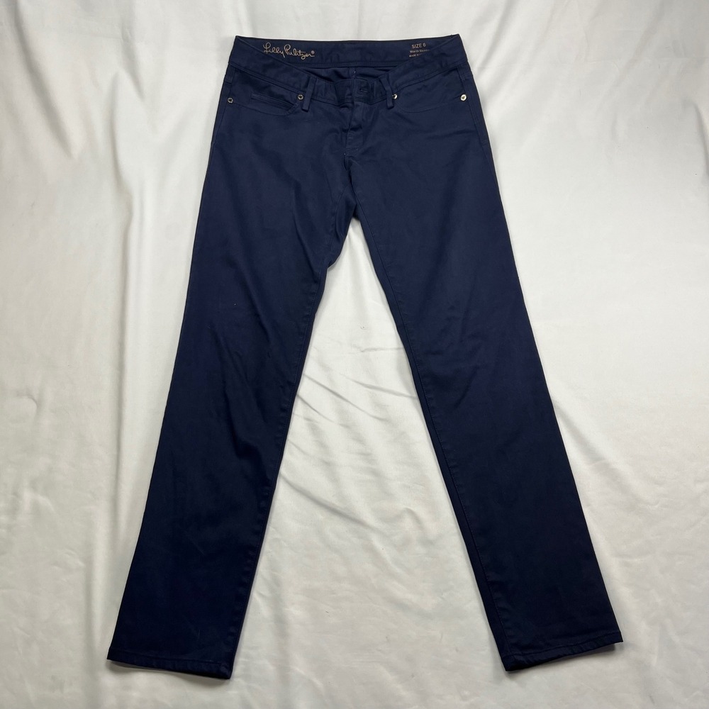 Lilly Pulitzer Worth Skinny Pants Navy Blue Stretch Embroidered Pockets 6